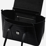 Inside The Chancery Black Faux Croc Leather Medium Flapover Shoulder Bag.