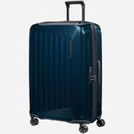 Side view of the Nuon Metallic Dark Blue 75cm Expandable Spinner Suitcase.