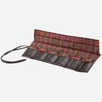 The six watch slots inside the WM Brown Faux Leather and Tweed Watch Roll Out with 6 Wraps.