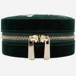 Front view of the Zoe Forest Green Velvet Travel Round Jewellery Case.