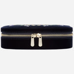 Front view of the Zoe Indigo Velvet Travel Zip Jewellery Case.