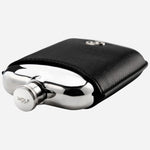 Top view of the Philipp Silver-Plated Stainless Steel Hip Flask with Black Faux Leather Sleeve.