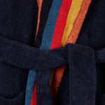 The tie on the Navy Blue Artist Stripe Dressing Gown.