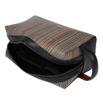 The Paul Smith 'Signature Stripe' Coated Canvas Wash Bag has a black cotton lining inside the main compartment.