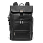 This Harrison Black Bombe Osborn Roll Top Backpack by TUMI has multiple pockets on the front with zipped fastenings.