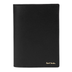 Paul Smith's Black Leather Signature Stripe Passport Holder has the signature in gold foiling on the front.