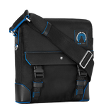 The buckles on the front of this Montblanc Blue Spirit ECONYL® Envelope Bag have been crafted out of recycled plastic.