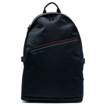 This Paul Smith Black Nylon Sports Stripe Backpack has a diagonal stripe design on the front with the Paul Smith signature underneath.