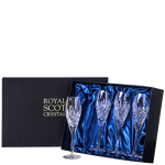 These Royal Scot Crystal London 4 x 18cl Champagne Flutes will be presented inside a luxury satin-lined gift box.