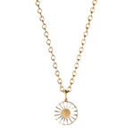 This Gold Plated 18 KT White Daisy Pendant by Georg Jensen is made of sterling silver with gold plating and white enamel for the daisy.