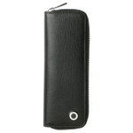 This Black Tradition Zipped Two Pen Pouch by Hugo Boss has a polished silver button on the front for branding with the brand name engraved.
