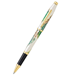 This CROSS Wanderlust Borneo Rollerball Pen has a pearlescent white lacquer barrel and cap with a pattern in shades of green and gold trims.