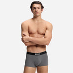 The grey pair from the BOSS One 3-Pack of Black and Grey Organic Stretch-Cotton Trunks with Waistband Logo.