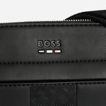 The embossed BOSS logo, three stripes, and patterned stripe on the front of the Ray MS Black Faux Leather Zip Top Envelope Bag with Pattern Detail.