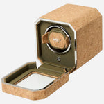 Side view of the Cortiça Portuguese Cork Single Watch Winder with cover down.
