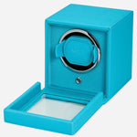 Side view of the Cub Tutti Frutti Turquoise Faux Leather Single Watch Winder with Cover with front cover down.
