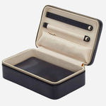 Inside the Maria Smooth Navy Leather Medium Zip Jewellery Case.