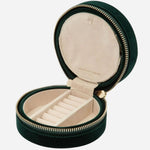 Inside the Zoe Forest Green Velvet Travel Round Jewellery Case.
