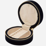 Inside the Zoe Indigo Velvet Travel Round Jewellery Case.