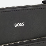 The BOSS logo on the front of the Zair Black Leather Envelope Bag with Zip Closure.
