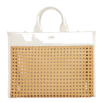 This White Faux Leather Woven Tote Bag With Zip Pouch by BOSS is made out of PU leather with a woven straw pattern on both sides.