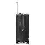 This #MY4810 Black Cabin Trolley with Front Pocket by Montblanc has the brand name along the front of the case, on the spinner wheels, and on the top handle.