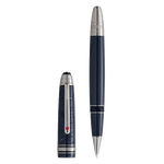 Montblanc's Meisterstück Blue Resin LeGrand Around the World in 80 Days Rollerball Pen has a red lacquer heart sitting on the end of the metal clip.