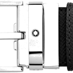 Montblanc's Trapeze Shiny Palladium Pin Buckle Reversible Black/Blue Belt can be engraved upon purchase.