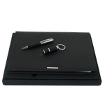 Full view of the Hugo Boss Advance gift set showing the ballpoint pen, folder and usb keyring presented on black gift set.