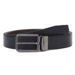This BOSS Ocalis Gunmetal Pin Buckle Reversible Leather Belt has a plain brown leather side and a textured black leather.