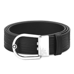 Montblanc's Horseshoe Palladium Buckle Reversible Black Leather Belt has a textured leather side and a plain black leather on the reverse.