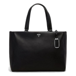 TUMI's Voyageur Vail Black & Gunmetal Medium Tote Bag is made out of plain black leather with a sleek finish and gunmetal trims.