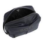 This Stormy Dark Blue Wash Bag with Raised Logo has the BOSS brand name across the front with a raised texture.