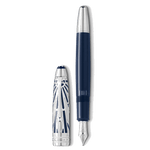 Montblanc's Meisterstück The Origin Collection Doué LeGrand Fountain Pen comes in a design of blue and silver, with the Montblanc engraving all over.