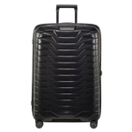 Proxis Black Spinner Suitcase, 75 cm by Samsonite with quiet, smooth gliding spinner wheels that all have the Samsonite logo.