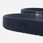 BOSS logo on the Aryeh Navy Blue Italian Made Slides with Large Black Logo.