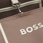 The BOSS logo on the Brown and Cream Palmah Tote with Logo Straps.