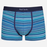 The bright blue striped pair from the Men's 5-Pack Plain and Striped Mixed Boxer Briefs in Blue and Black.