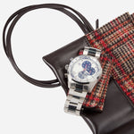 Close up inside the WM Brown Faux Leather and Tweed Watch Roll Out with 6 Wraps.