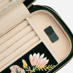 Close up inside the Zoe Forest Green Velvet Travel Zip Jewellery Case.