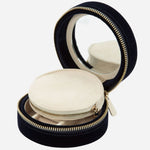 The mirror and zipped pouch inside the Zoe Indigo Velvet Travel Round Jewellery Case.