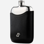 Side view of the Philipp Silver-Plated Stainless Steel Hip Flask with Black Faux Leather Sleeve.