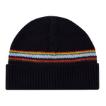 This Paul smith Navy 'Signature Stripe' Block Lambswool Beanie Hat is made in the UK and has a ribbed knit design.