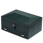 The WOLF 1834 Green British Racing 10 Piece Watch Box with Storage features a lock and key closure.