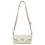 Radley's Heirloom Street Chalk Medium Flapover Cross Body Bag is made out of soft-grain leather with gold hardware and a canvas ecru strap.