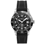 This Montblanc 1858 Iced Sea Black Rubber Automatic Date Watch features a double-folding clasp.