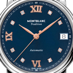 montblanc tradition blue stainless steel automatic date watch dial