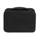 This Samsonite Respark Weekender Wash Bag Ozone Black has gunmetal hardware on the zip pulls and the logo plaque on the front.