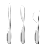 This Georg Jensen Alfredo Cheese Knives Set - 3 Pieces is made out of stainless steel with a mirror polished finish.