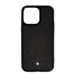 Montblanc's Sartorial Hard Shell iPhone 16 Pro Max Case Black is finished with a panel of saffiano calfskin leather in plain black.